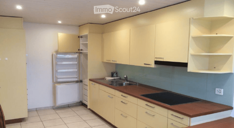 Modern kitchen with light-colored cabinets, a stainless steel sink, and a built-in stove. The refrigerator is open, revealing its interior.