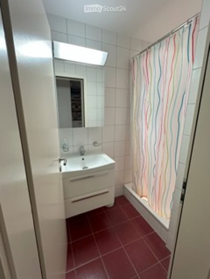 Modern bathroom with white tiles, red floor tiles, a sink with a mirror above it, and a colorful shower curtain.