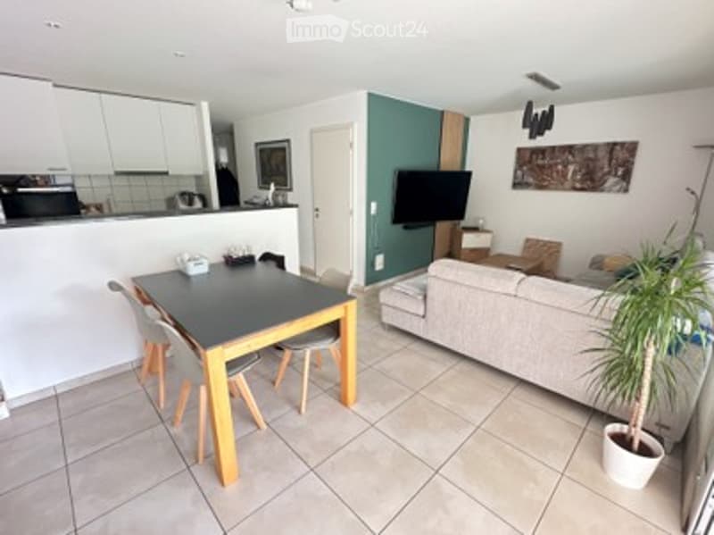 Modern open-plan living and dining area with a grey sofa, a black dining table with four chairs, white kitchen cabinets, and a television mounted on the wall. A potted plant adds a touch of greenery.