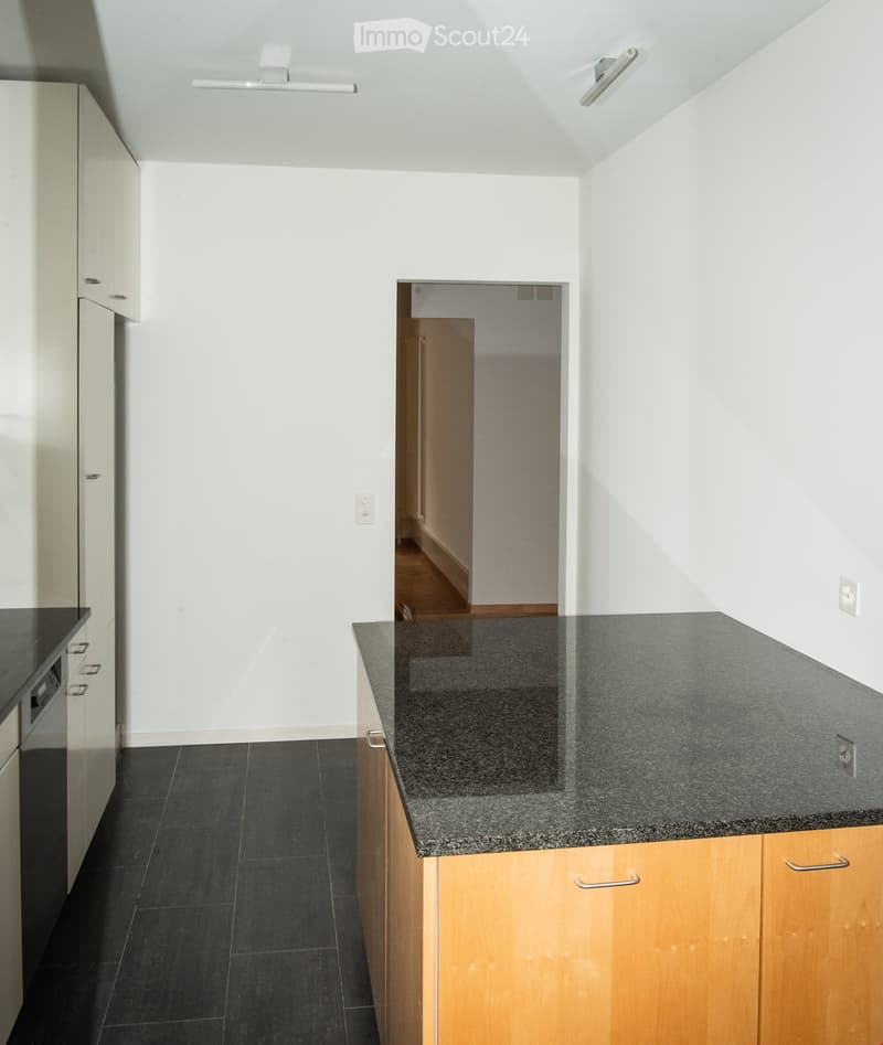 Modern kitchen with dark granite countertops, light wooden cabinets, and black tiled flooring. Features a built-in refrigerator and sleek, contemporary design.