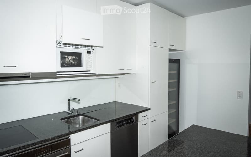 Modern kitchen with white cabinets, black countertops, stainless steel sink, microwave, oven, and dishwasher.