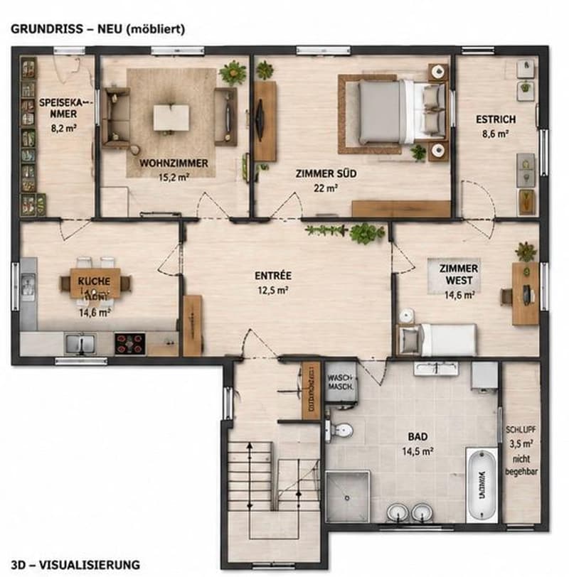 Floor plan of a furnished3-room apartment with living room, dining room, kitchen, two bedrooms, bathroom, and hallway.
