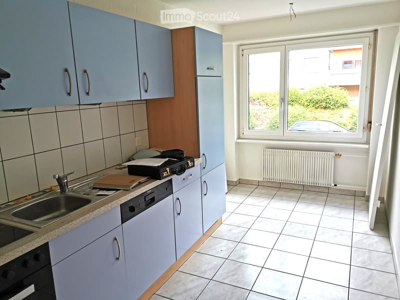 Modern kitchen with light blue cabinets, tiled walls, and a window overlooking a green area. Includes a sink, faucet, dishwasher, and radiator.
