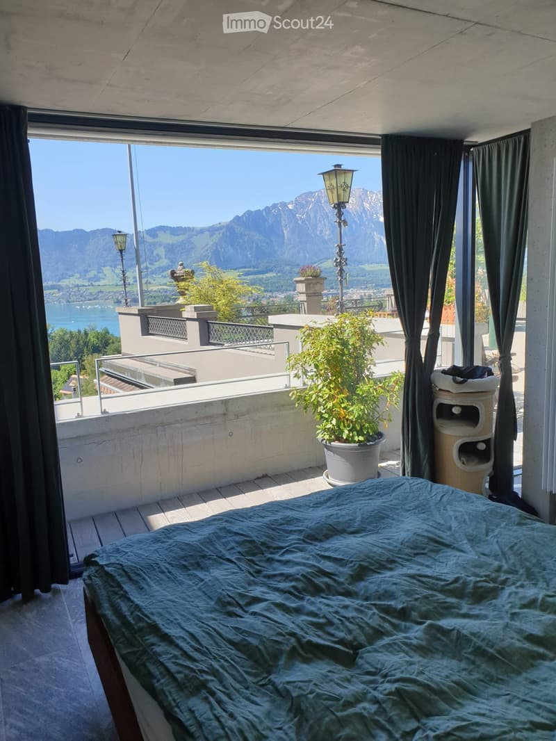 Bedroom with a large bed covered in a green duvet, overlooking a scenic mountain view through large windows. A potted plant and a cat litter box are visible on the balcony.