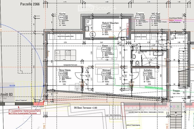 Floor plan of a residential building showing multiple rooms including kitchen, living area, bedrooms, bathrooms, and entrance. Dimensions and floor types are indicated.