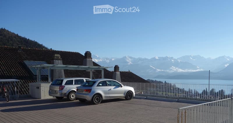 Parking area with two cars, wooden decking, metal railing, and scenic mountain and lake view in the background.