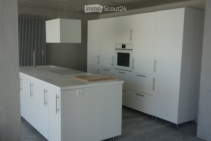 Modern kitchen with white cabinets, stainless steel sink, and built-in oven. Features a central island with a grey countertop and a pendant light above.