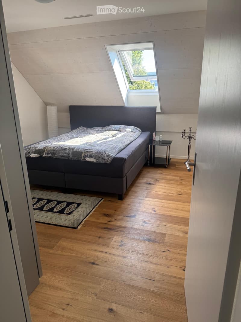 Modern bedroom with wooden flooring, a large bed with dark headboard, nightstand, and a patterned rug.