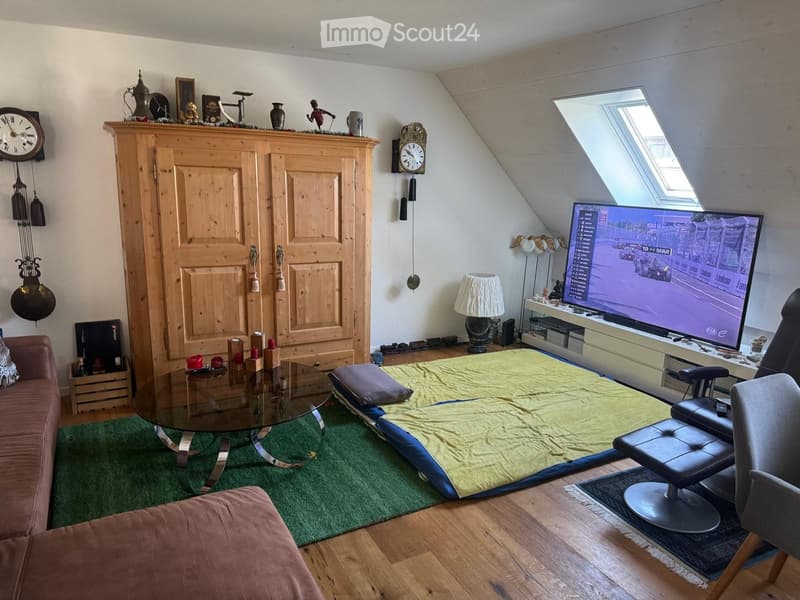 Living room with a sofa, chair, glass table, television, lamp, and a wooden cabinet. The room features a green rug and a slanted ceiling with skylights.