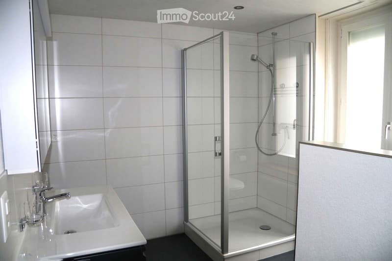 Modern bathroom with a white tiled shower stall, a white sink with a chrome faucet, and a window providing natural light.