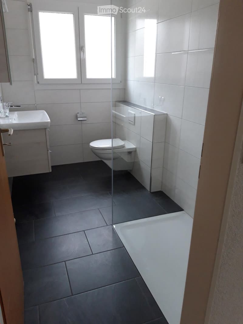 Modern bathroom with white tiles, dark grey floor tiles, a sink, toilet, and bathtub separated by a glass partition.