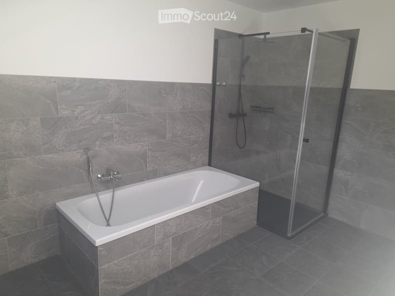 Modern bathroom with a white bathtub and a glass-enclosed shower area, featuring grey tiled walls and floor.
