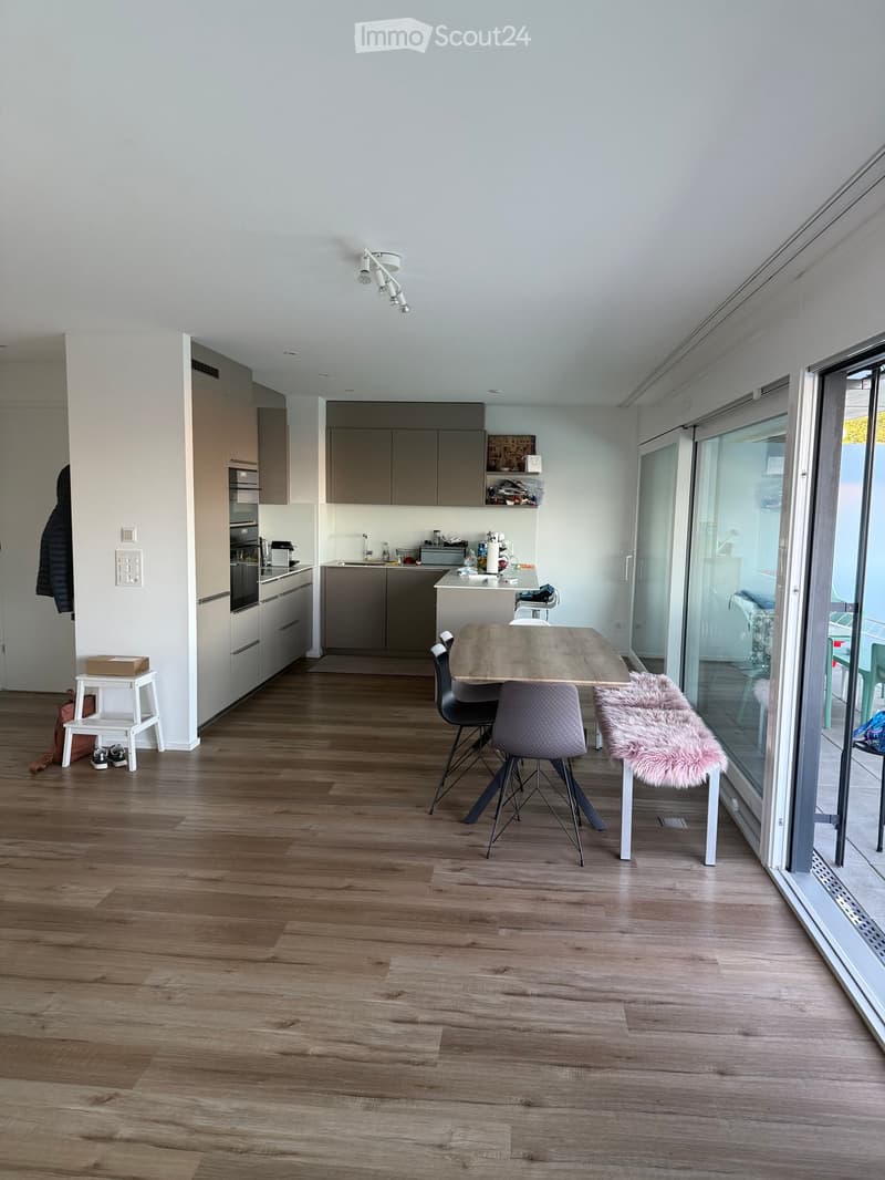 Modern kitchen with light grey cabinets, wooden flooring, and a dining area featuring a wooden table and chairs. A small white stool and a furry rug are visible near the sliding glass door.