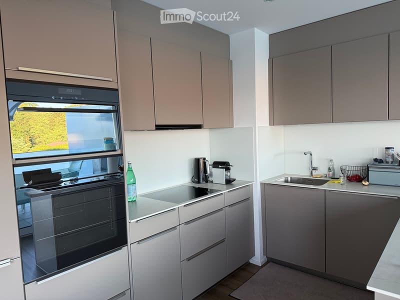 Modern kitchen with grey cabinets, stainless steel appliances, and a large window overlooking a green area.