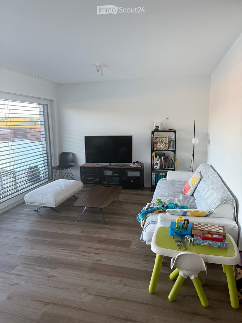 Modern living room with white walls, wooden flooring, large window with blinds, sofa, coffee table, ottoman, bookshelf, TV, and small green table with toys.