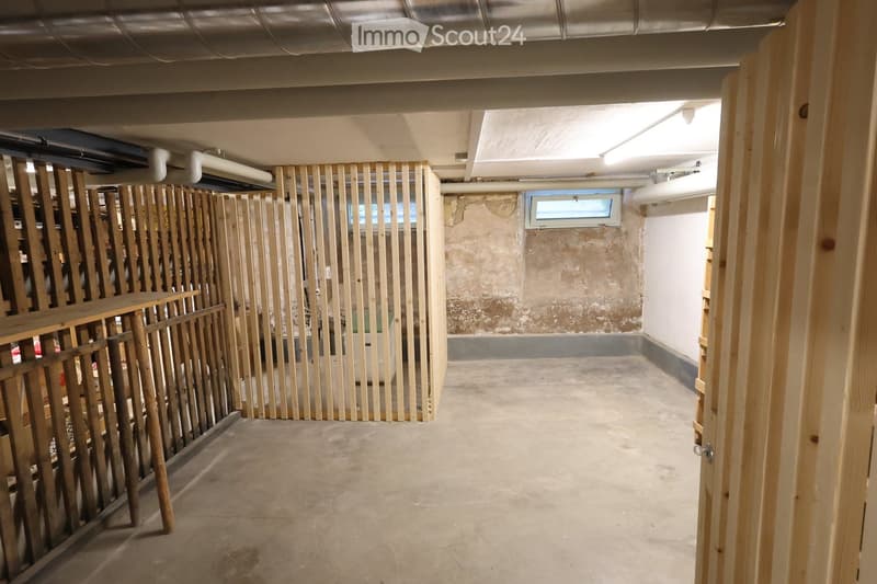 unfinished basement with concrete floor, metal rails, wooden barriers, pipes, small window