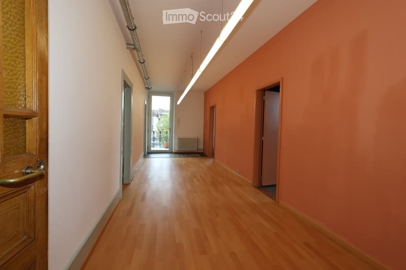 wooden floor, two orange walls, a door, bright hallway, windows, a radiator
