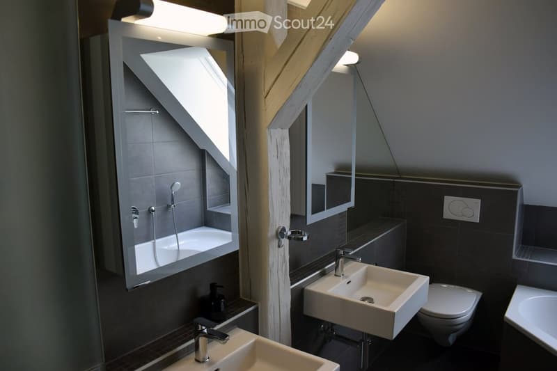 Modern bathroom with two sinks, a toilet, a bathtub, and a large mirror with built-in lighting. The space features sleek, contemporary design elements and ample natural light from a skylight.