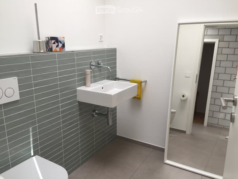 Modern bathroom with grey tiled walls, white sink, large mirror, and a visible toilet in the adjacent space.
