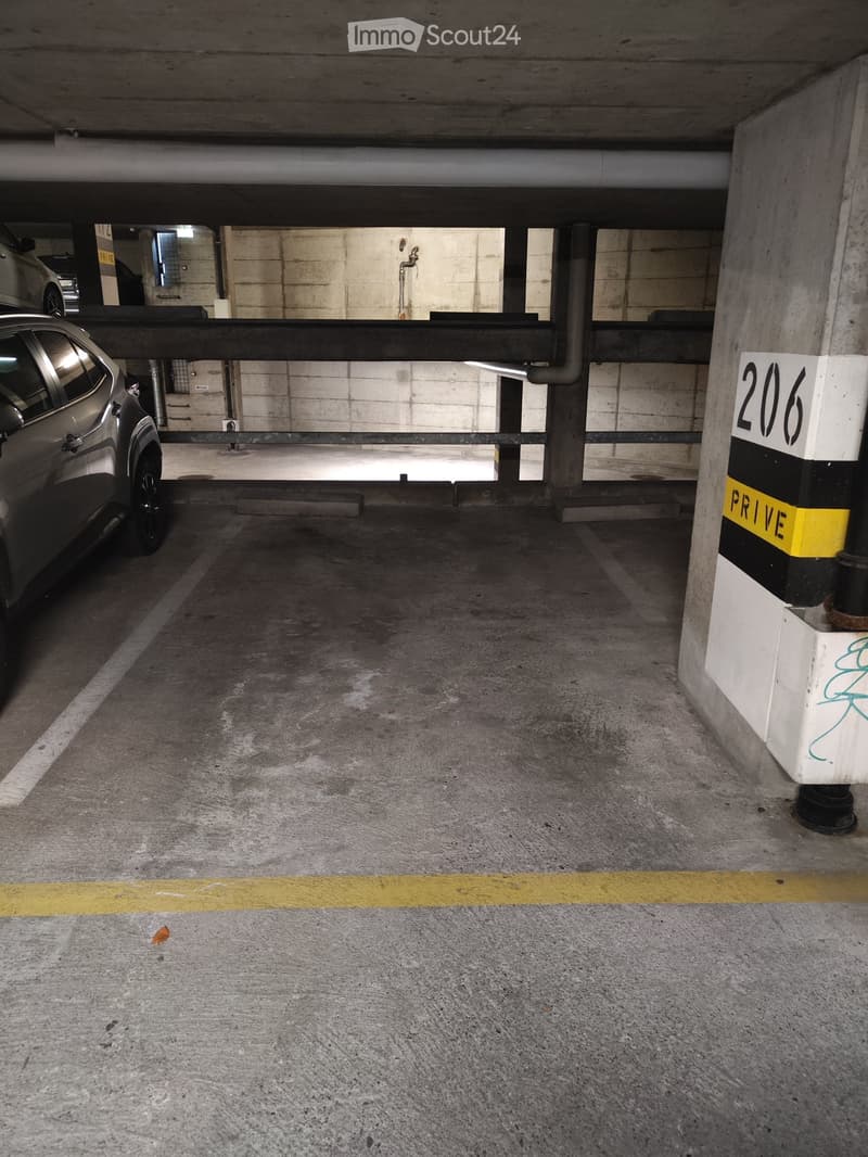 Underground parking area with marked parking spaces, concrete floors, and walls. Two cars are parked, and a pillar marked "206" and "PRIVE" is visible.