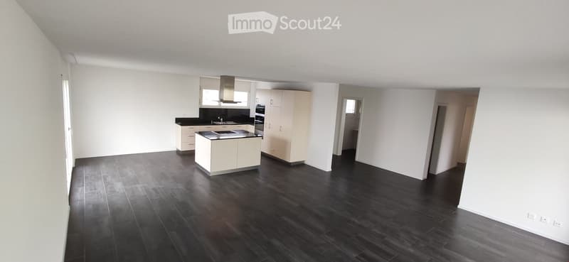 Empty kitchen with white cabinets, black countertops, and dark wooden flooring. No furniture or appliances are present.