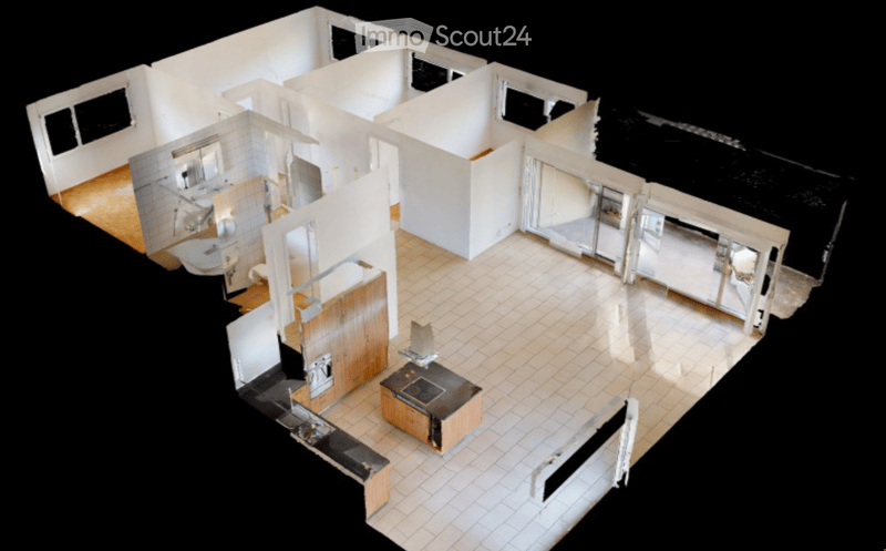 3D floor plan of a modern house with an open-plan living and dining area, kitchen, two bedrooms, and a bathroom. Features large windows and a balcony.