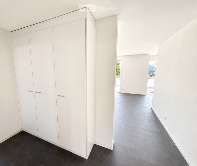 Modern, minimalist hallway with white walls, dark tiled flooring, and built-in white storage units with sleek metallic handles.