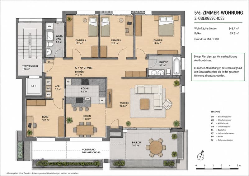 Floor plan of a 5.5-room apartment on the 3rd floor, showing living room, kitchen, 3 bedrooms, bathroom, entrance, balcony, and utility area.