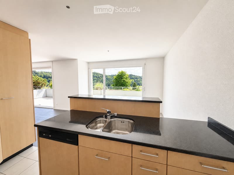 Modern kitchen with light wood cabinets, black countertops, stainless steel sink, and dishwasher. Large windows offer a scenic view of greenery outside.