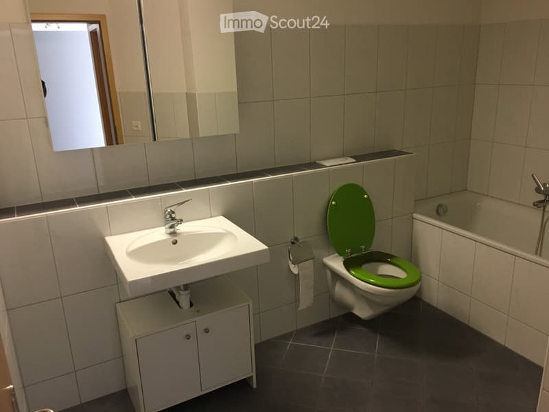 Modern bathroom with a white sink, green toilet seat, and a bathtub. The room features tiled walls and a small window providing natural light.