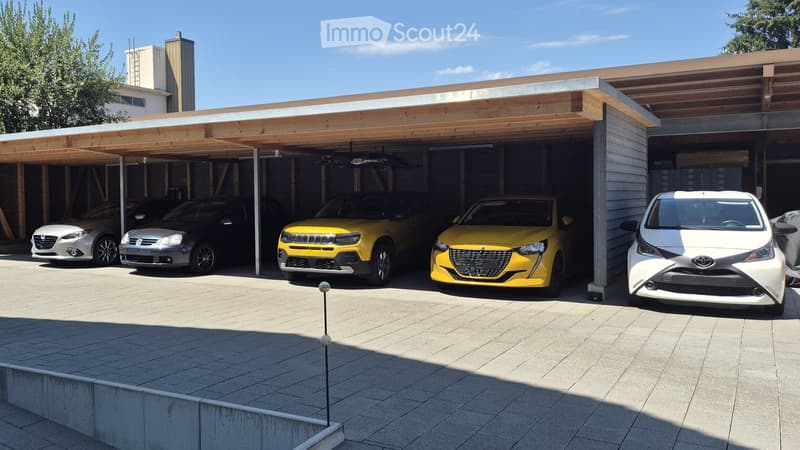Modern covered garage with multiple cars parked inside, featuring a wooden roof and concrete floor.
