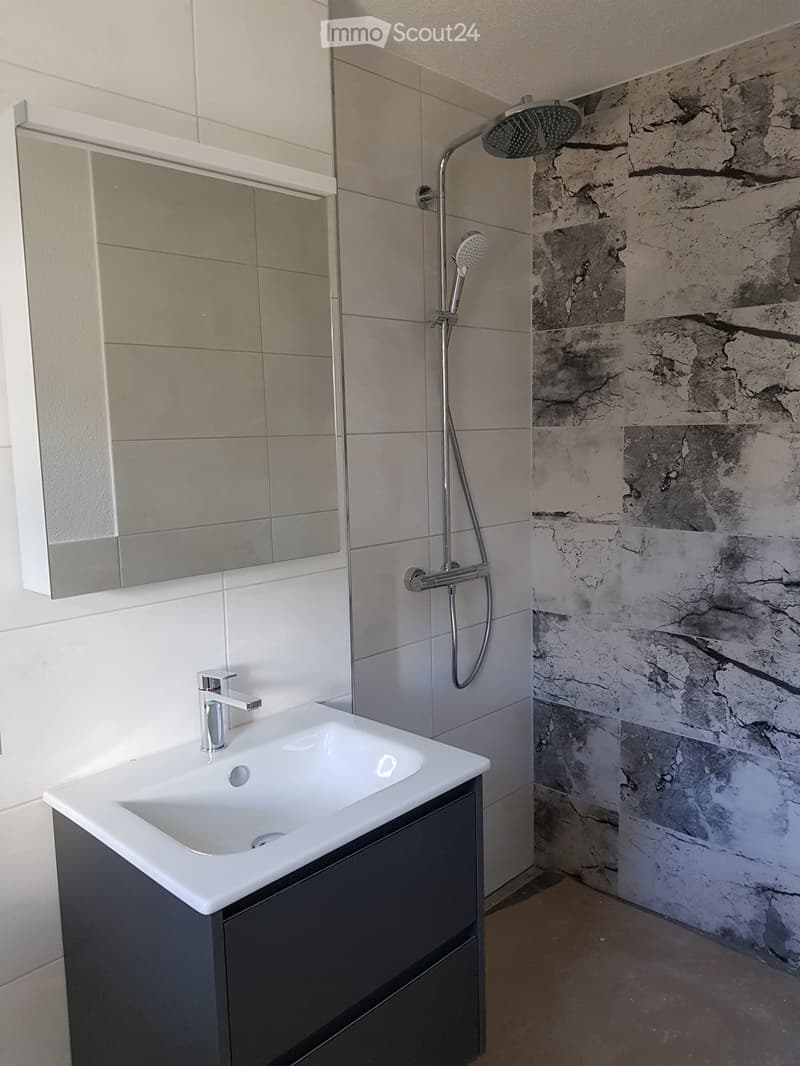 Modern bathroom with a white sink, chrome faucet, large mirror, and a showerhead with handheld sprayer. The walls feature a mix of light tiles and a textured stone accent wall.