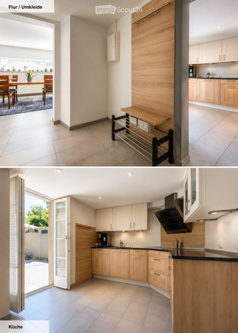 The image shows a modern, well-lit interior with a dining area and a kitchen. The dining area features a wooden dining table with four chairs and a potted plant on the table. The kitchen has light wooden cabinets, a countertop, a coffee maker, and a sink