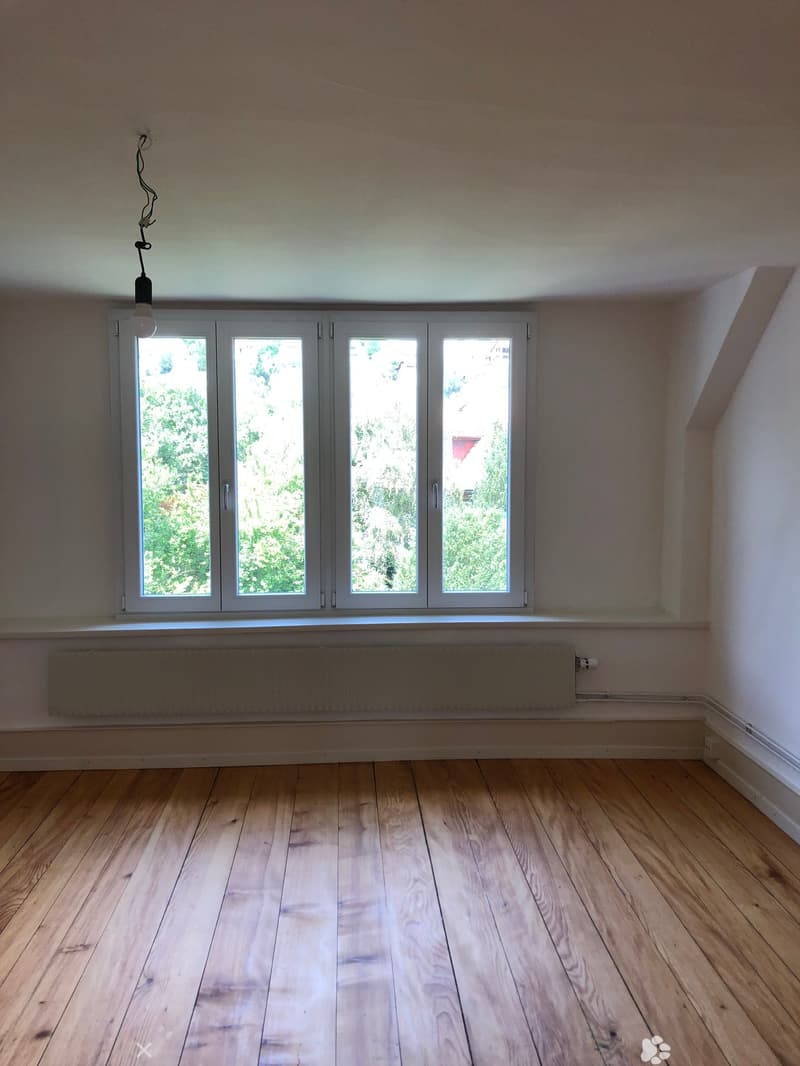 Empty room with wooden flooring, large windows, radiator, and a single hanging light fixture.