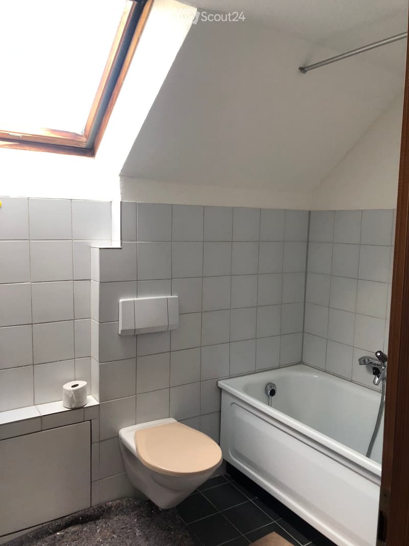 Bathroom with a toilet, bathtub, and toilet paper on a shelf. The walls are tiled, and there is a window with wooden framing.