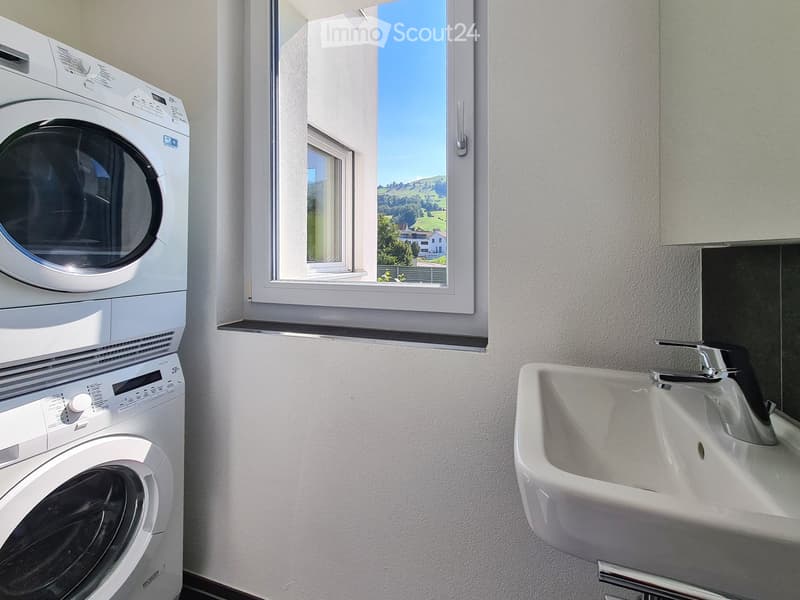 Bathroom with a white washing machine, a white sink with a chrome faucet, and a window offering a scenic view.