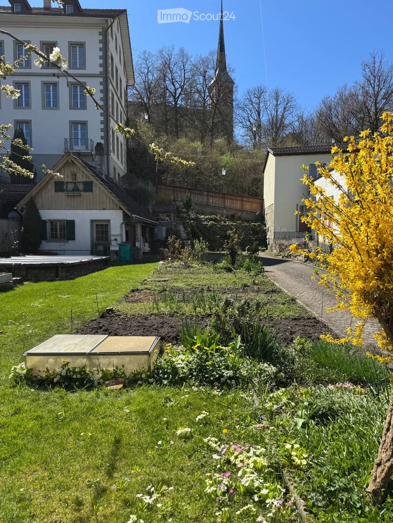 Well-maintained garden with a lawn, flower beds, a gravel path, and surrounding buildings including a tall white house and a smaller wooden structure.