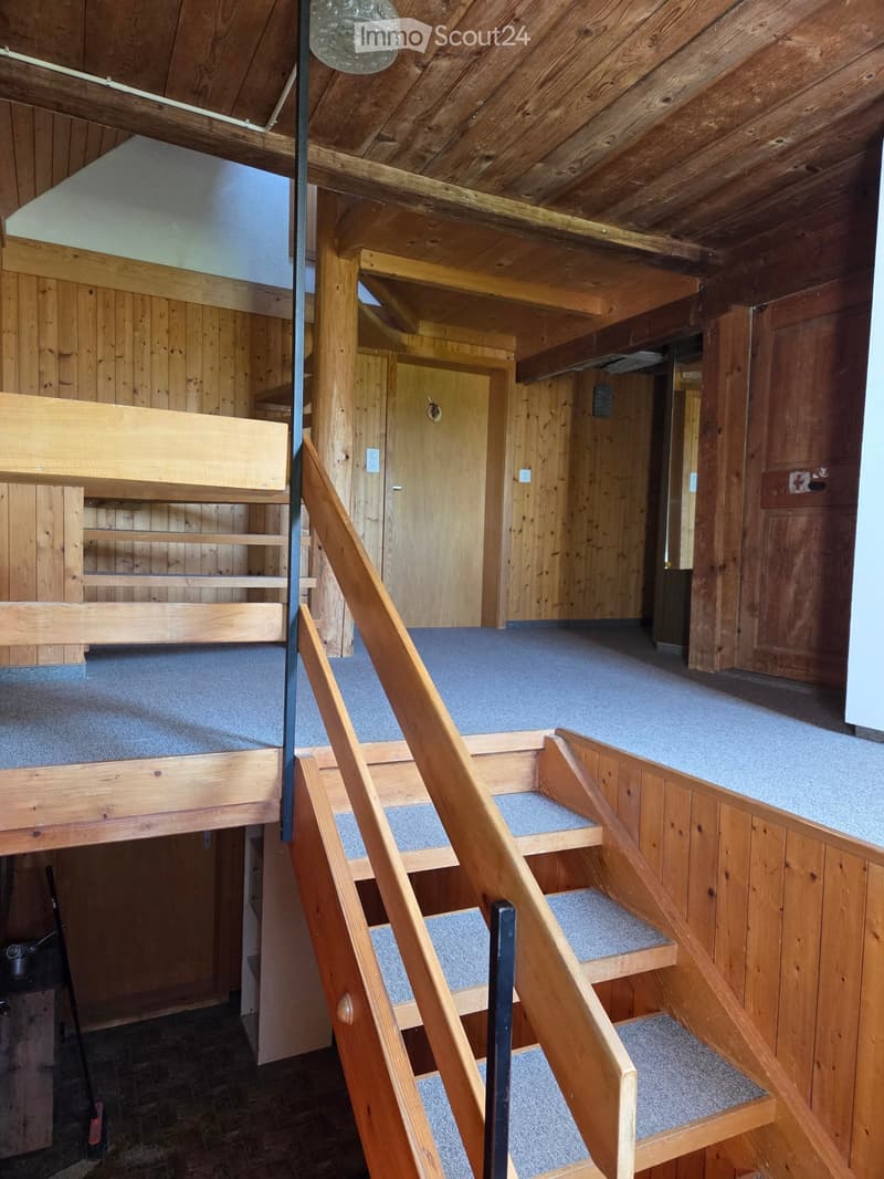 Wooden staircase leading to a loft area with built-in wooden bunk beds and shelves, wooden walls, and a blue carpeted floor.