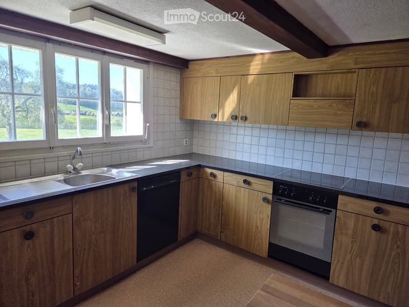 Kitchen with wooden cabinets, tiled walls, sink, dishwasher, and oven. Large windows provide natural light.