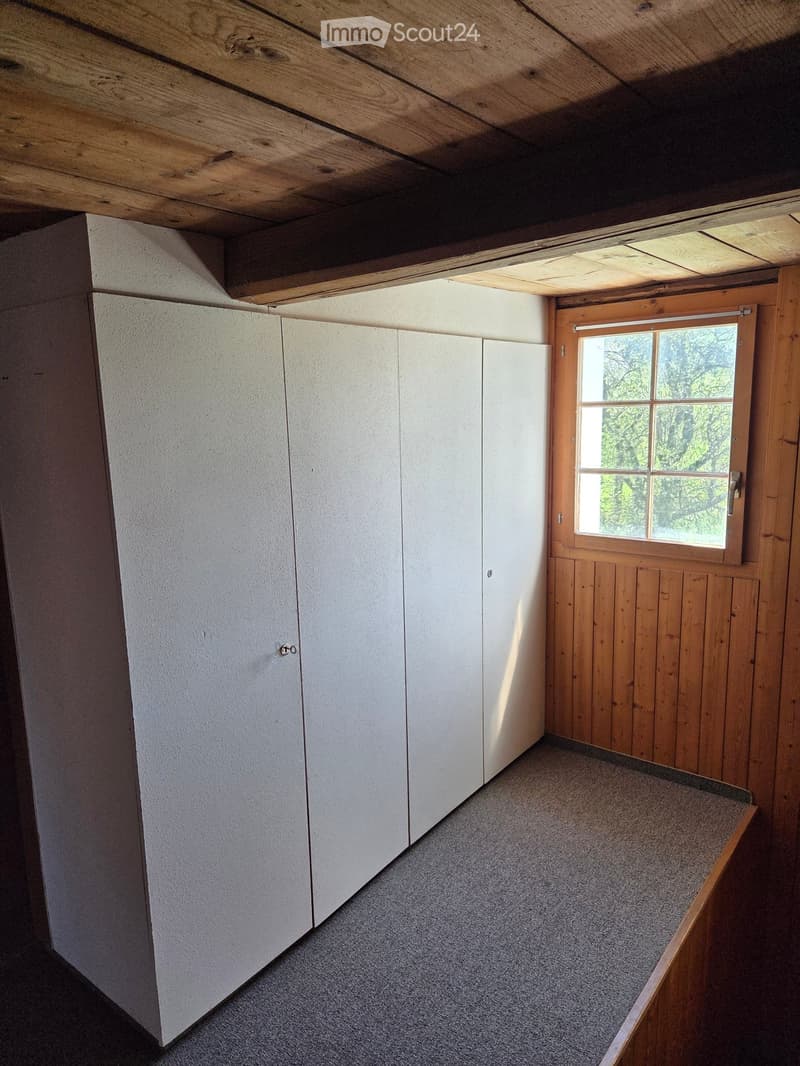 Empty room with wooden walls, carpeted floor, white built-in cabinets, and a window with wooden frame.