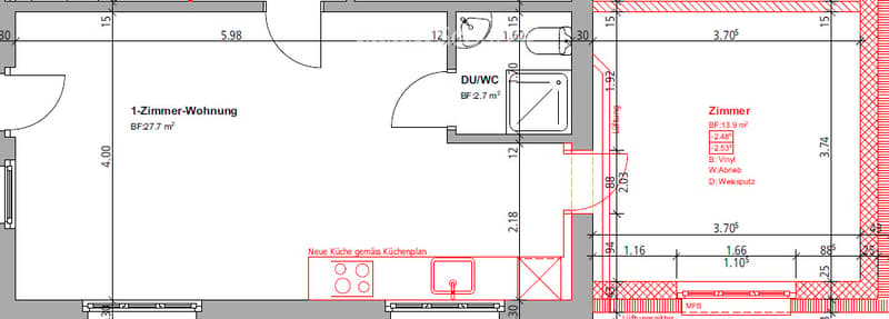 Floor plan of a 1-room apartment with a new kitchen layout, bathroom, and living space.