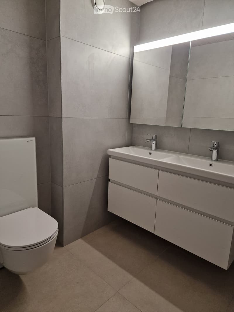 Modern bathroom with a white toilet, double sink with modern faucet, mirrored cabinet, and sleek grey tiles.