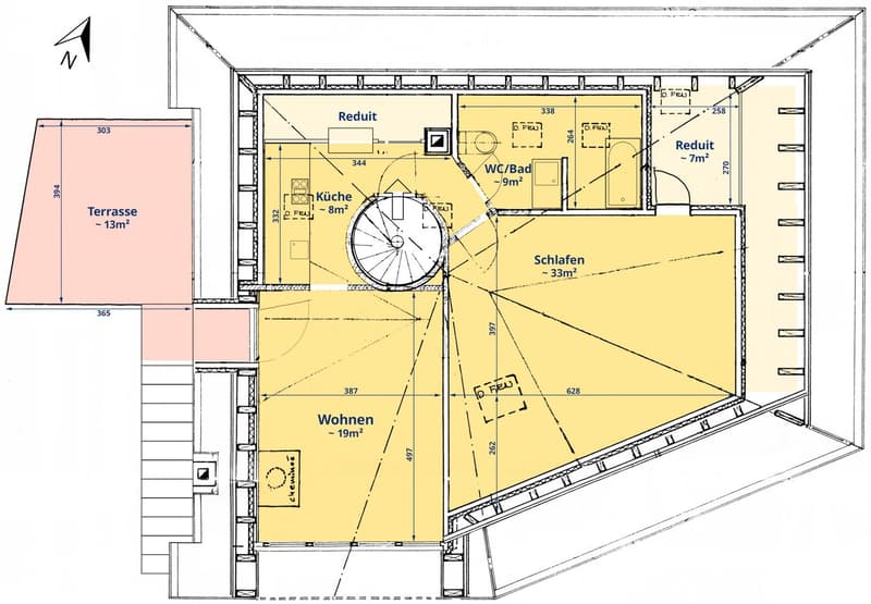 Floor plan showing a layout with a kitchen, living area, bedroom, bathroom, and a terrace.