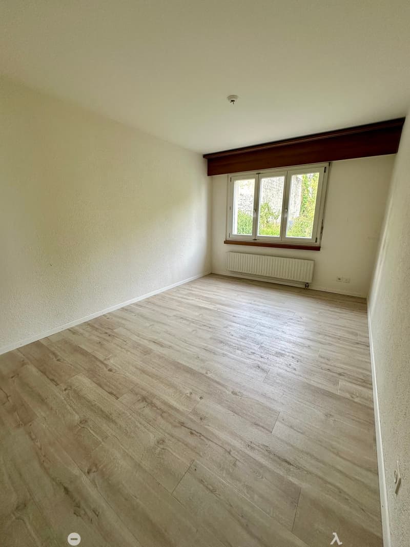 Empty room with light wooden flooring, white walls, and a window with white frames. A radiator is placed below the window.