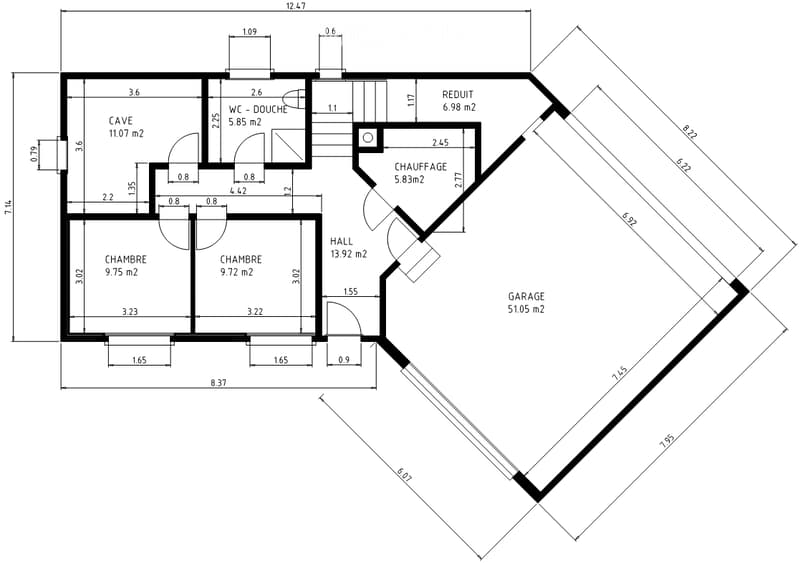 Floor plan showing a house layout with a cave, two bedrooms, a bathroom, a hallway, a heating room, a study, and a garage.