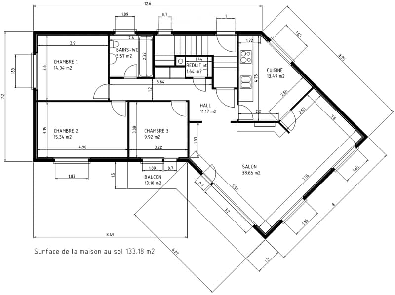 Floor plan of a house with three bedrooms, a bathroom, a living room, a kitchen, a hallway, and a balcony.