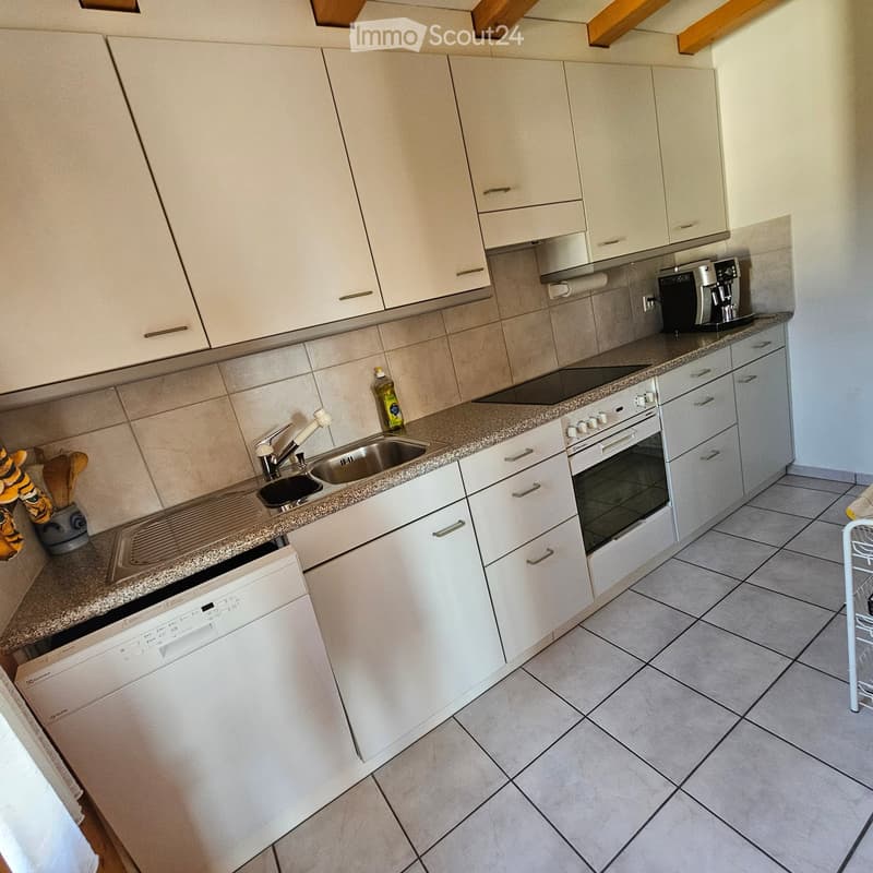 Modern kitchen with white cabinets, granite countertops, stainless steel appliances, and a sink with a faucet.