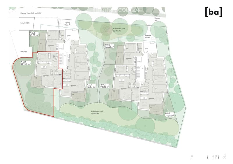 Floor plan of a residential complex with multiple buildings labeled Haus A and Haus B, including various rooms and outdoor areas.