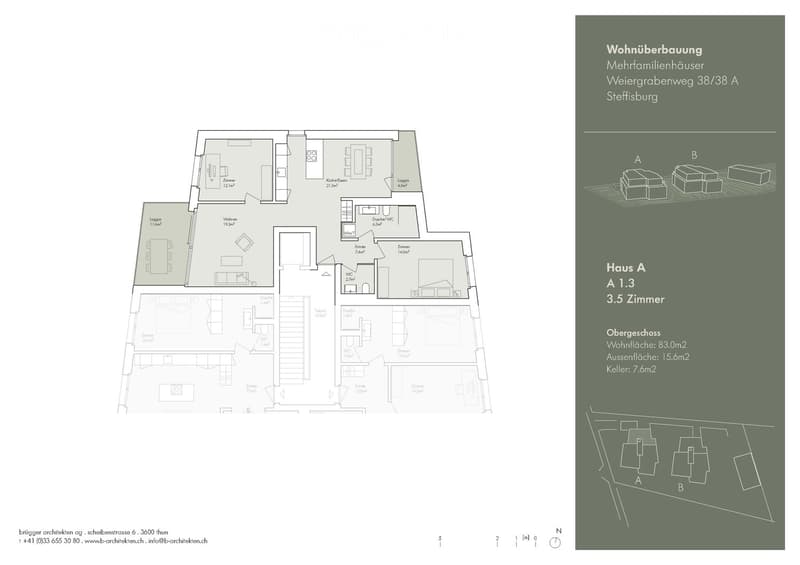 Floor plan of a 3.5-room apartment on the upper floor, including living room, kitchen, bedrooms, bathrooms, and entrance areas.