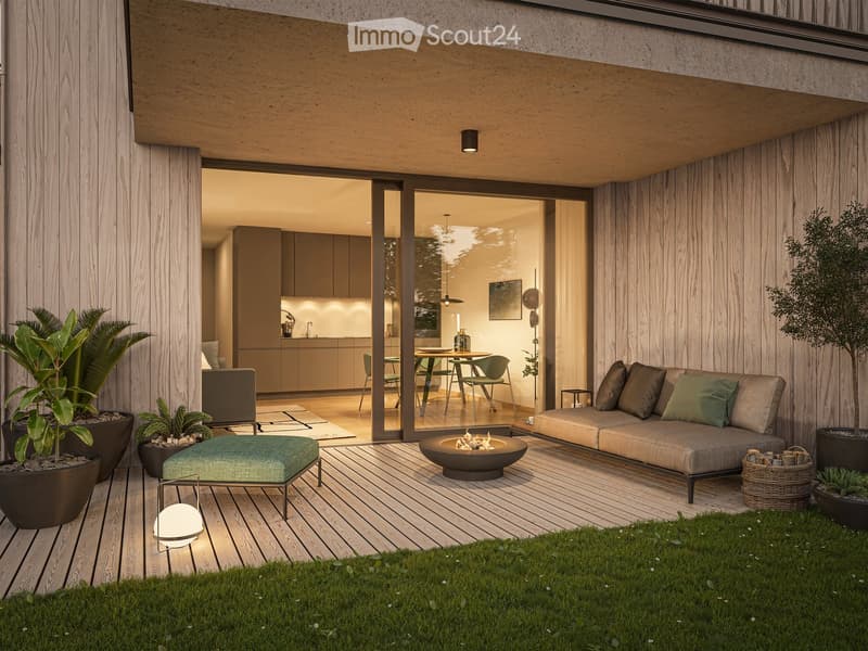 Modern outdoor patio with wooden decking, a fireplace, a sofa, ottoman, dining table, chairs, and potted plants.
